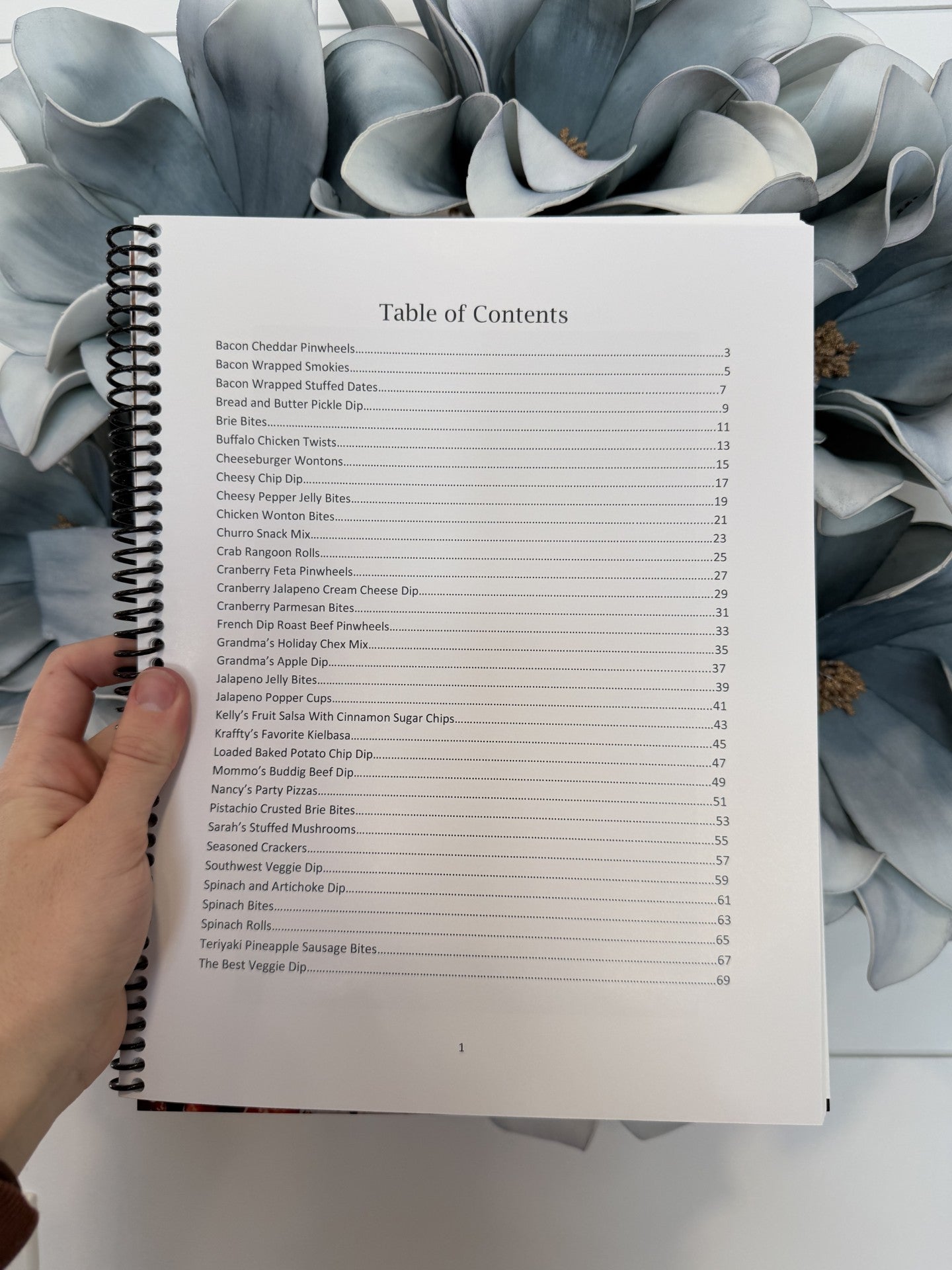 a photo of the "Table of Contents" being held in front of a wreath